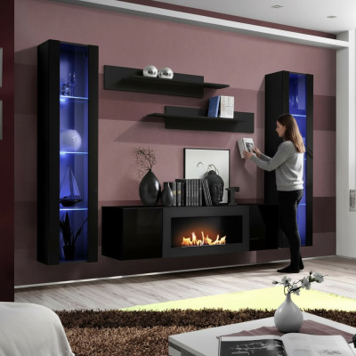 Conjunto completo de 5 piezas de muebles de lujo en negro con vitrina colgante de diseñador de madera.