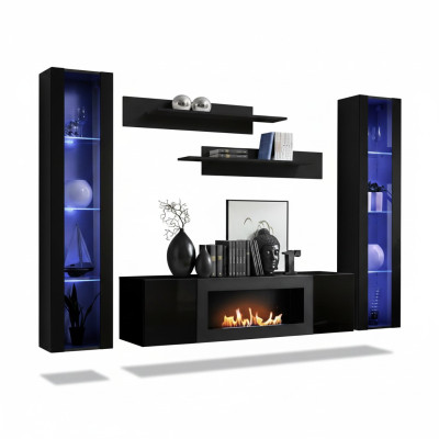 Conjunto completo de 5 piezas de muebles de lujo en negro con vitrina colgante de diseñador de madera.