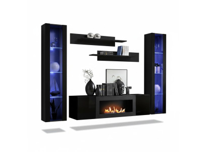 Conjunto completo de 5 piezas de muebles de lujo en negro con vitrina colgante de diseñador de madera.