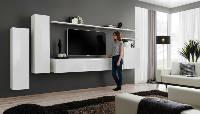 Conjunto de sala de estar de 7 piezas en blanco: aparador, estante de pared, soporte para TV, armario de pared.