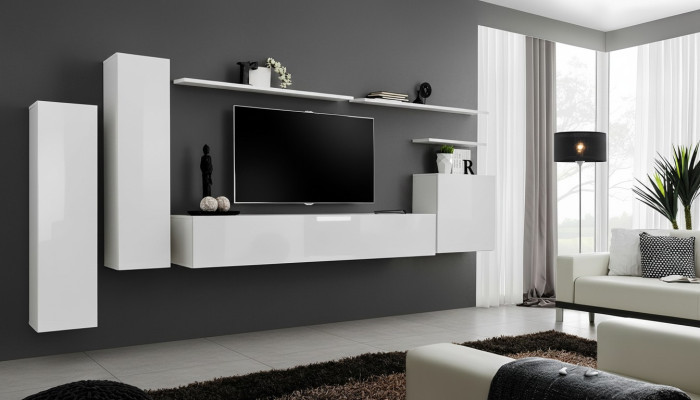 Conjunto de sala de estar de 7 piezas en blanco: aparador, estante de pared, soporte para TV, armario de pared.