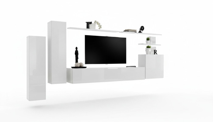 Conjunto de sala de estar de 7 piezas en blanco: aparador, estante de pared, soporte para TV, armario de pared.