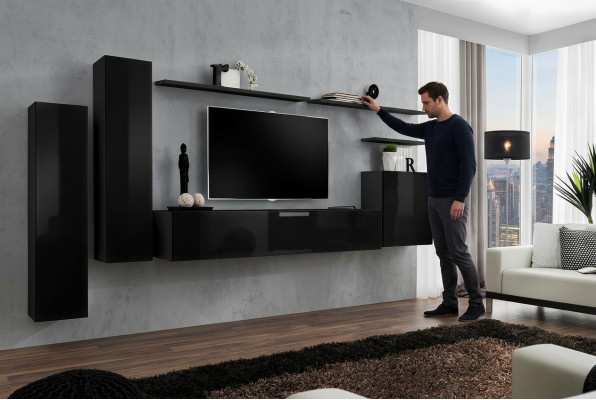 Conjunto completo de 7 piezas en negro, mueble de TV, estantería de salón, mueble de pared de diseñador.