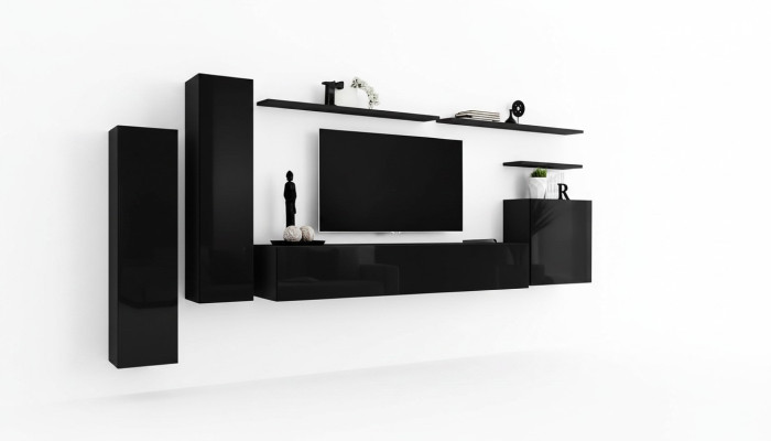 Conjunto completo de 7 piezas en negro, mueble de TV, estantería de salón, mueble de pared de diseñador.