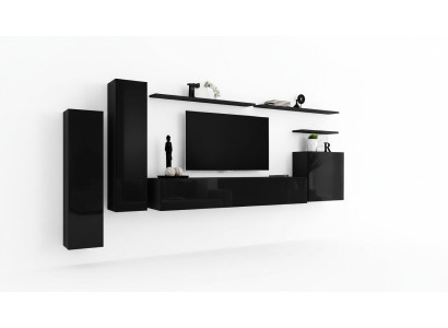 Conjunto completo de 7 piezas en negro, mueble de TV, estantería de salón, mueble de pared de diseñador.