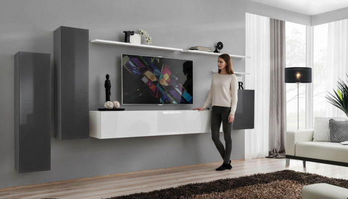 Mueble de salón gris, diseño de lujo de diseñador, soporte de TV de madera, estantería de pared completa.