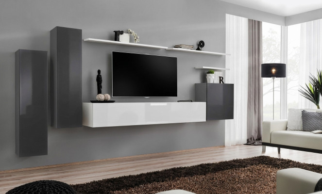 Mueble de salón gris, diseño de lujo de diseñador, soporte de TV de madera, estantería de pared completa.