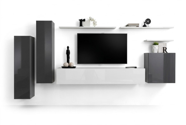Mueble de salón gris, diseño de lujo de diseñador, soporte de TV de madera, estantería de pared completa.