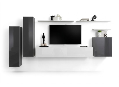 Mueble de salón gris, diseño de lujo de diseñador, soporte de TV de madera, estantería de pared completa.