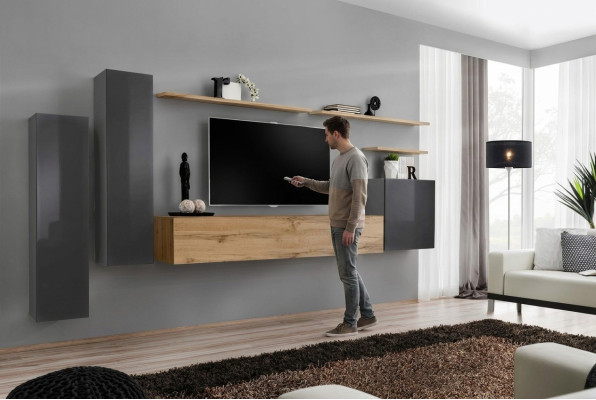 Mueble de pared de diseñador para sala de estar de lujo con soporte para TV de madera y estante de pared completamente nuevo.