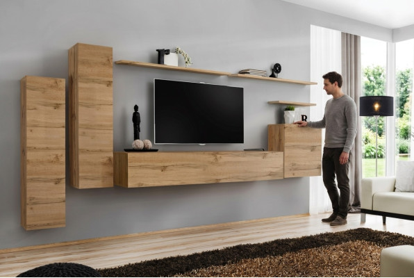 Mueble de salón color marrón moderno con estanterías de pared estilo diseñador. Nuevo soporte de TV.