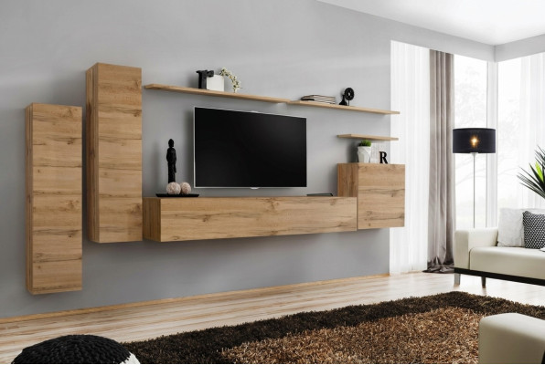 Mueble de salón color marrón moderno con estanterías de pared estilo diseñador. Nuevo soporte de TV.