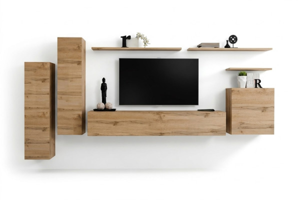 Mueble de salón color marrón moderno con estanterías de pared estilo diseñador. Nuevo soporte de TV.