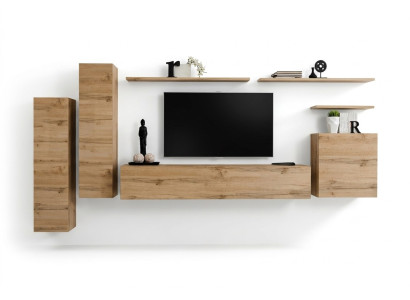 Mueble de salón color marrón moderno con estanterías de pared estilo diseñador. Nuevo soporte de TV.