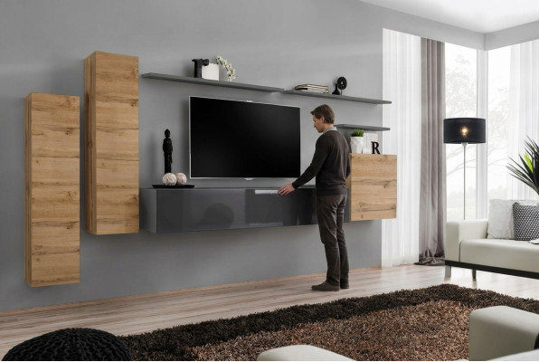 Salón de diseñador con pared de estar completa, estantes, armario de pared de lujo, nuevo.