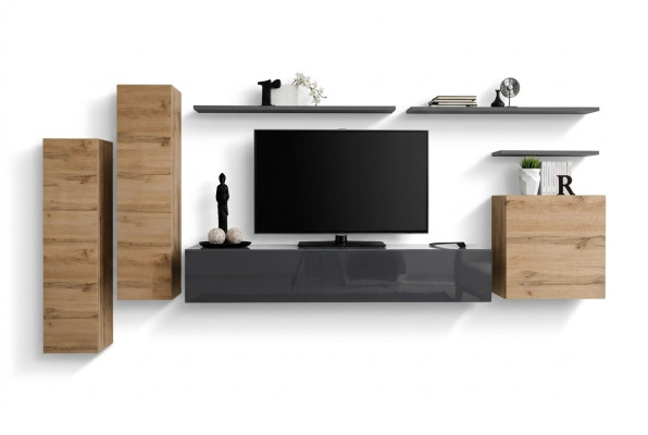 Salón de diseñador con pared de estar completa, estantes, armario de pared de lujo, nuevo.