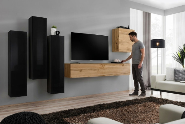 Sala de estar completa en negro con aparador, mueble para TV, mueble de pared y juego de muebles de lujo.