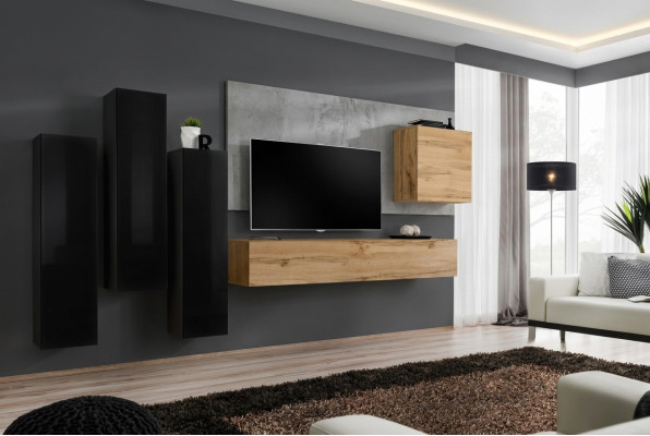 Sala de estar completa en negro con aparador, mueble para TV, mueble de pared y juego de muebles de lujo.