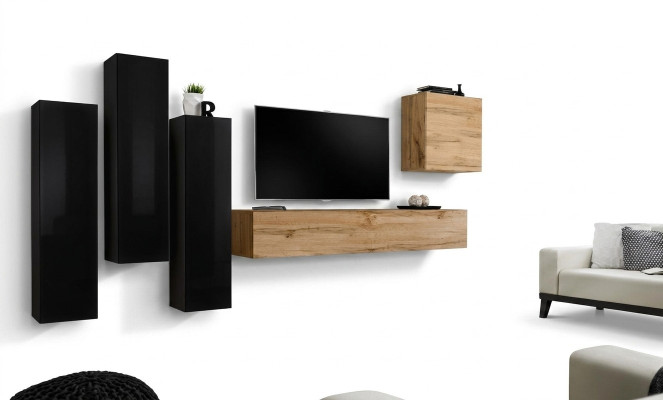 Sala de estar completa en negro con aparador, mueble para TV, mueble de pared y juego de muebles de lujo.