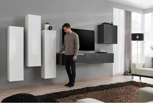 Conjunto de pared para sala de estar completo gris Aparador Soporte de TV Armario de pared