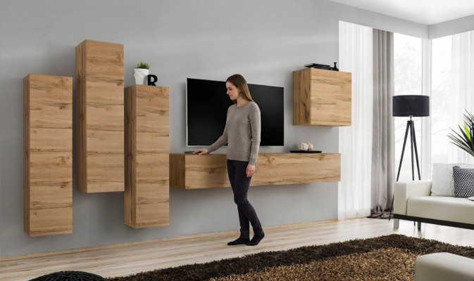 Mueble de pared marrón, armario de pared, soporte de TV de salón de madera, muebles de lujo amueblado.