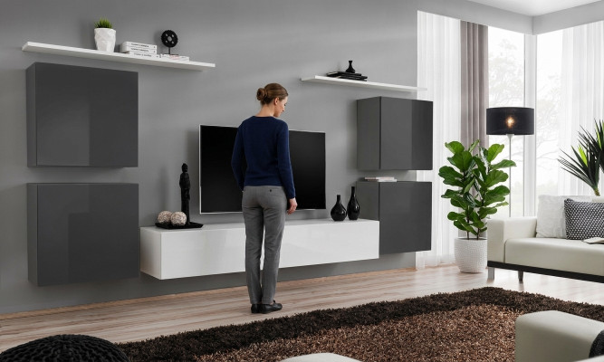 Sala de estar blanca conjunto de muebles de pared estantería para pared soporte para TV muebles de madera 2x vitrina conjunto de pared