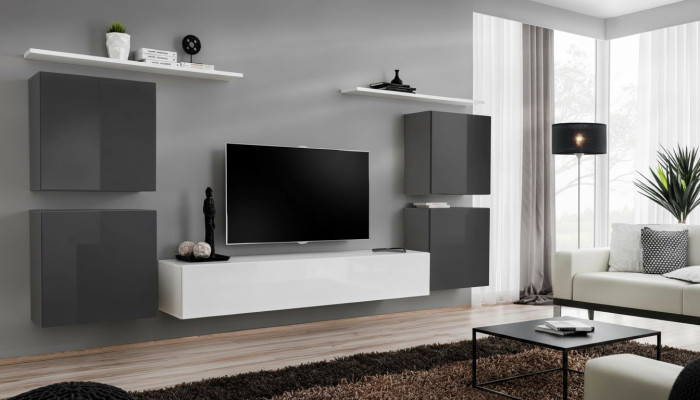 Sala de estar blanca conjunto de muebles de pared estantería para pared soporte para TV muebles de madera 2x vitrina conjunto de pared