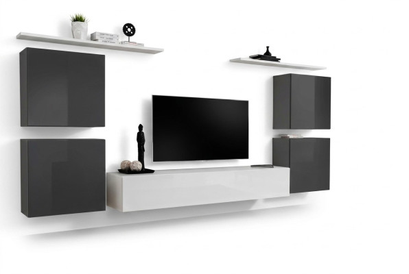 Sala de estar blanca conjunto de muebles de pared estantería para pared soporte para TV muebles de madera 2x vitrina conjunto de pared
