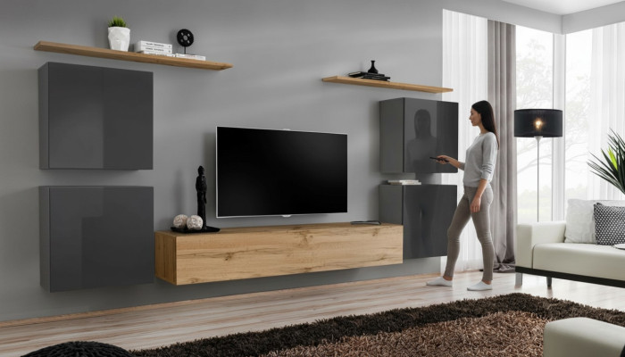 Mueble de pared de lujo completo de 7 piezas, estante de pared de diseñador marrón para sala de estar con soporte para TV.