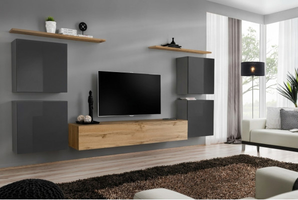 Mueble de pared de lujo completo de 7 piezas, estante de pared de diseñador marrón para sala de estar con soporte para TV.