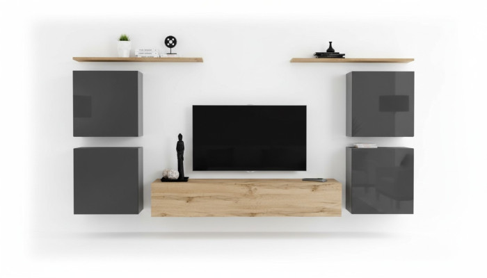 Mueble de pared de lujo completo de 7 piezas, estante de pared de diseñador marrón para sala de estar con soporte para TV.