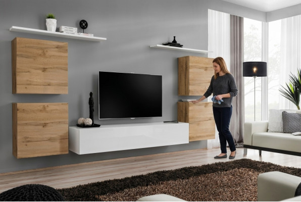 Salón de lujo con pared de TV, armario de pared, estantería de madera para TV, estantes de pared nuevos.