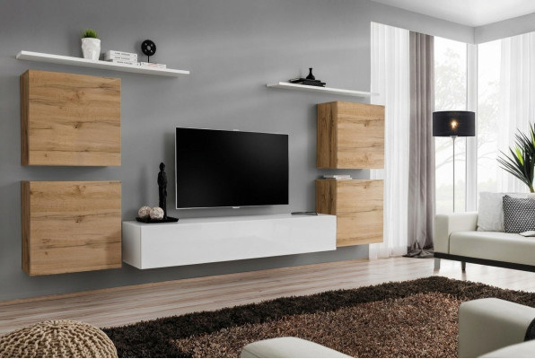 Salón de lujo con pared de TV, armario de pared, estantería de madera para TV, estantes de pared nuevos.