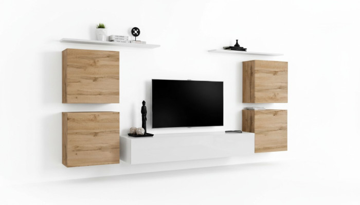 Salón de lujo con pared de TV, armario de pared, estantería de madera para TV, estantes de pared nuevos.