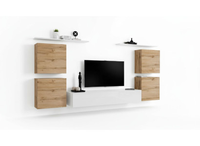Salón de lujo con pared de TV, armario de pared, estantería de madera para TV, estantes de pared nuevos.