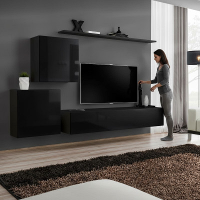 Conjunto de sala de estar en negro con estantería, repisas y armario de pared de 4 piezas.
