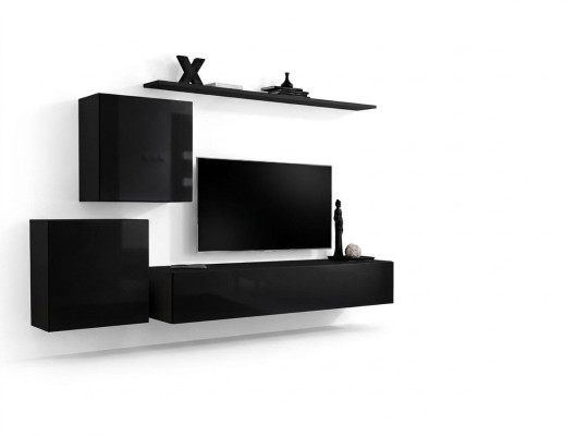 Conjunto de sala de estar en negro con estantería, repisas y armario de pared de 4 piezas.