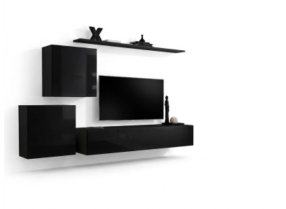Conjunto de sala de estar en negro con estantería, repisas y armario de pared de 4 piezas.