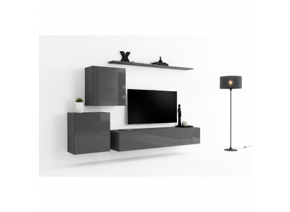 Salón estilo moderno, conjunto de 4 piezas, paredes de sala, aparador gris, estante nuevo.