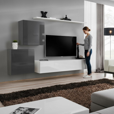 Conjunto de sala de estar de 4 piezas en estilo moderno, compuesto por bajo, estante de pared y armario de pared en color blanco.