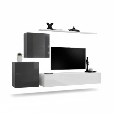 Conjunto de sala de estar de 4 piezas en estilo moderno, compuesto por bajo, estante de pared y armario de pared en color blanco.
