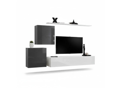 Conjunto de sala de estar de 4 piezas en estilo moderno, compuesto por bajo, estante de pared y armario de pared en color blanco.