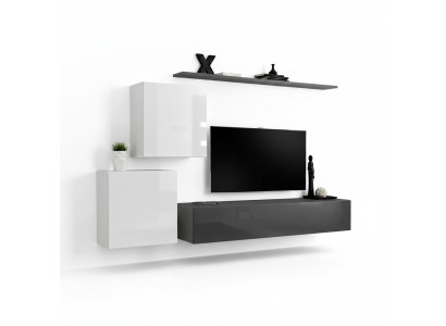 Conjunto de sala de estar gris con estantes de pared, estantería y mesa de madera de diseño nuevo.