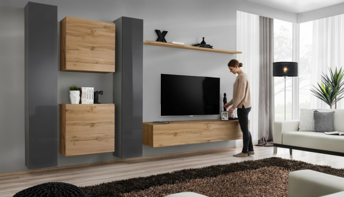 Mueble de salón marrón con aparador de diseñador, soporte de TV moderno, estantería de pared para la sala de estar.