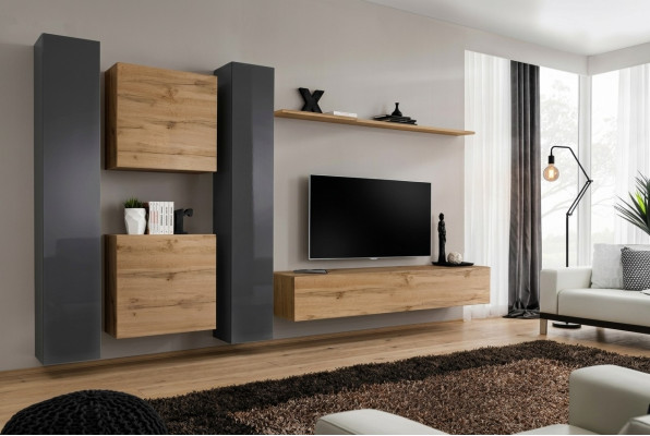 Mueble de salón marrón con aparador de diseñador, soporte de TV moderno, estantería de pared para la sala de estar.