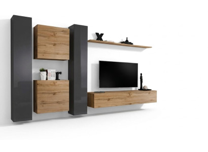 Mueble de salón marrón con aparador de diseñador, soporte de TV moderno, estantería de pared para la sala de estar.