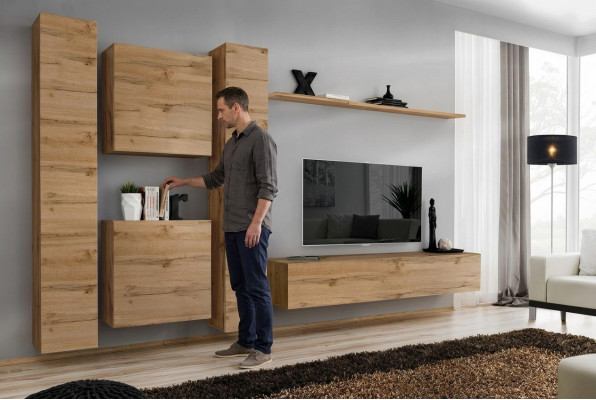 Mueble de pared salón. Unidad de pared de diseño para salón. Estantería de pared de madera.