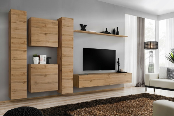 Mueble de pared salón. Unidad de pared de diseño para salón. Estantería de pared de madera.