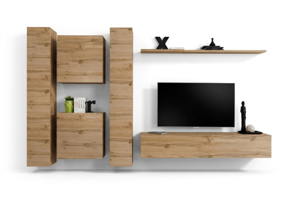 Mueble de pared salón. Unidad de pared de diseño para salón. Estantería de pared de madera.