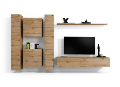 Mueble de pared salón. Unidad de pared de diseño para salón. Estantería de pared de madera.